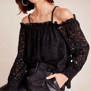Anthropologie Black Lace Off-Shoulder Blouse | Large Petite